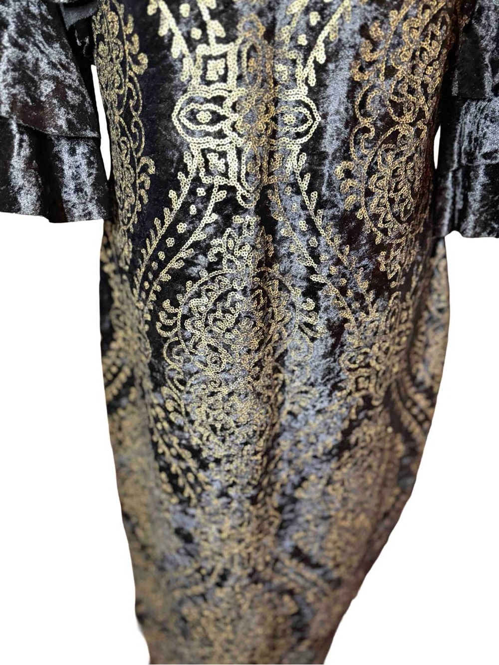 VENUS Gold Sequin Black Velvet Midi Dress Sheer Ruffle Sleeve Side Slit - L - Picture 9 of 15